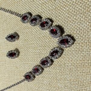 Red And Silvertoned Rhinestone Necklace And Pierced Earrings Set